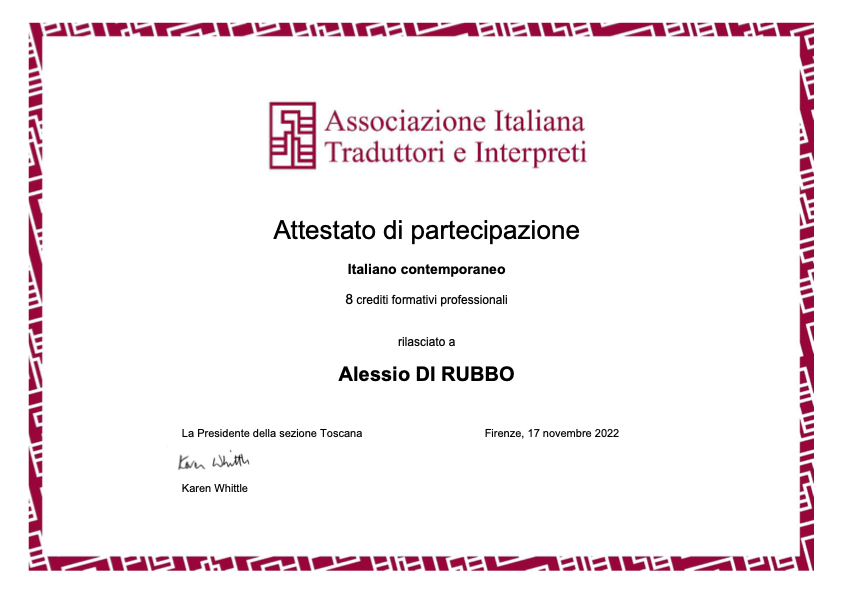 certificate contemporary Italian
